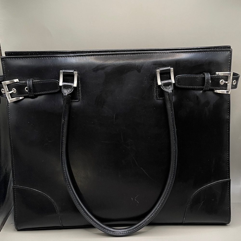 Franklin Covey Black Leather Tote Bag with Silver Buckles Briefcase Work Bag